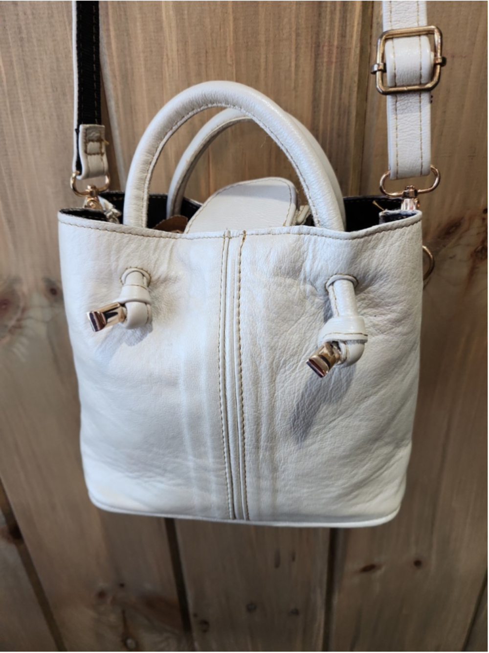 Handmade Pearlized Cream Leather Crossbody Bag Bucket Bag Boho,EUC